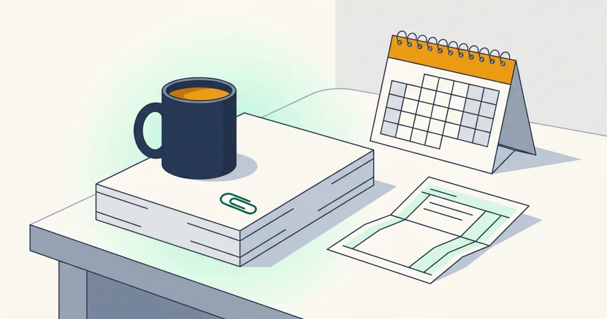 A kitchen table with a stack of blank forms under a navy coffee mug, an emerald paperclip, a desk calendar and a folded ledger — representing getting 1099 paperwork in order before the January deadline