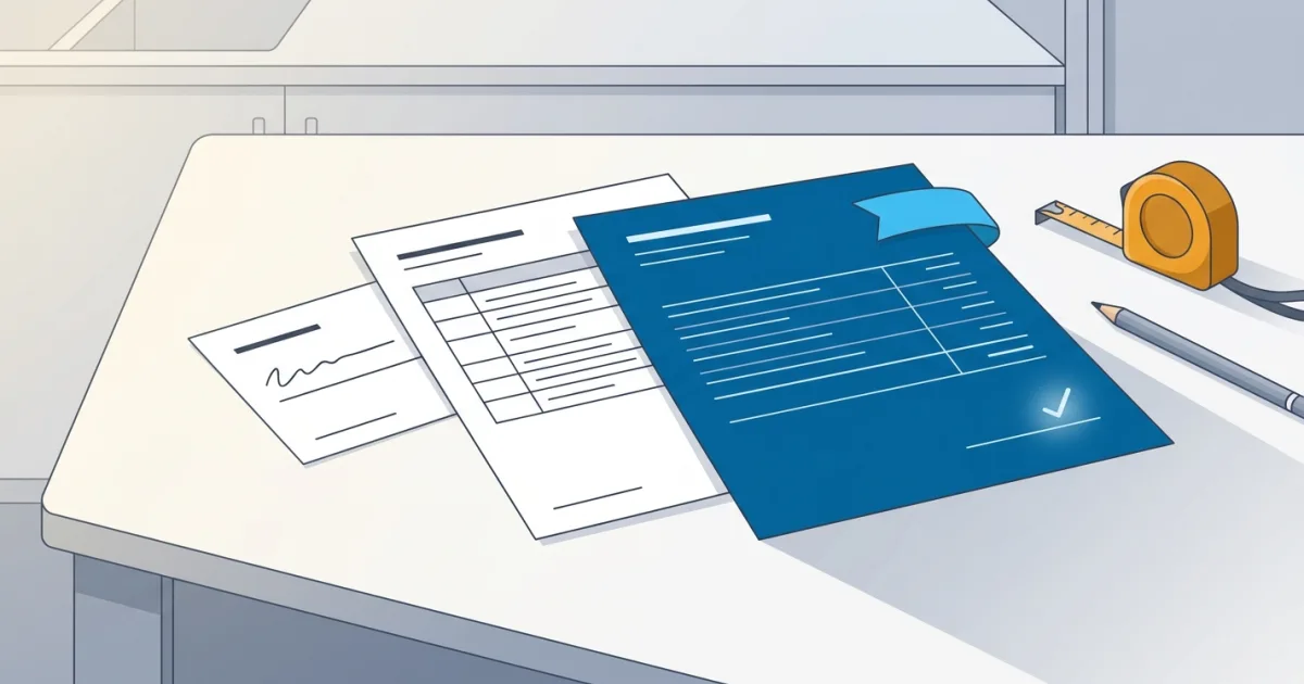 Three documents fanned on a work table — a short slip, a ruled page and a blue proposal card with a check mark — beside a pencil and tape measure, representing the difference between a quote, an estimate and a proposal